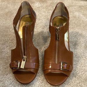 Michael Kors Brown Wedges with Gold Zipper and accent buckle